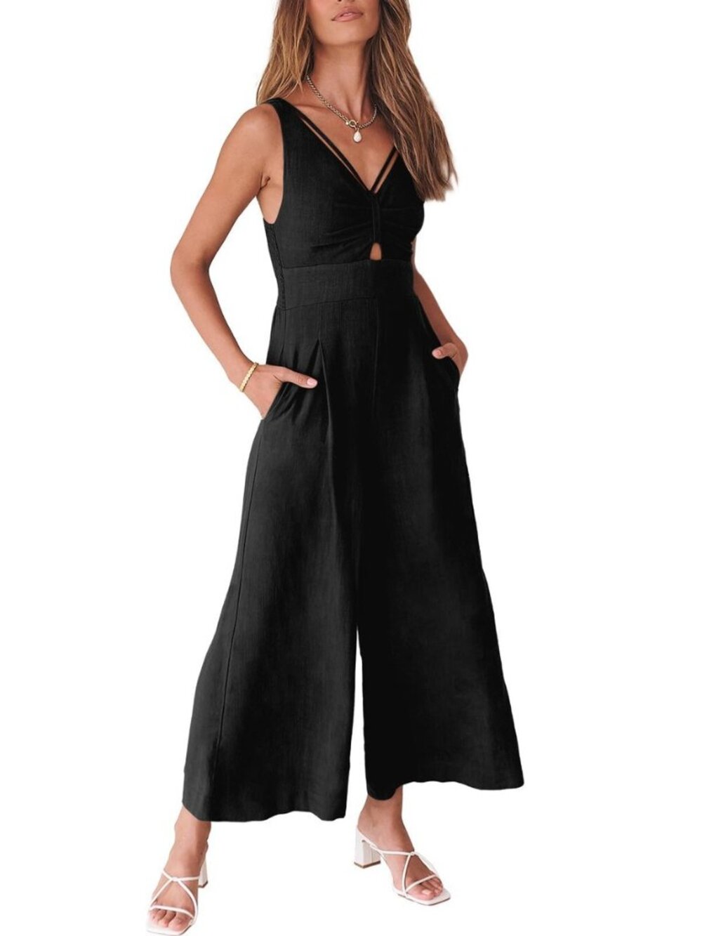 Womens Summer Linen Wide Leg Sleeveless Jumpsuits